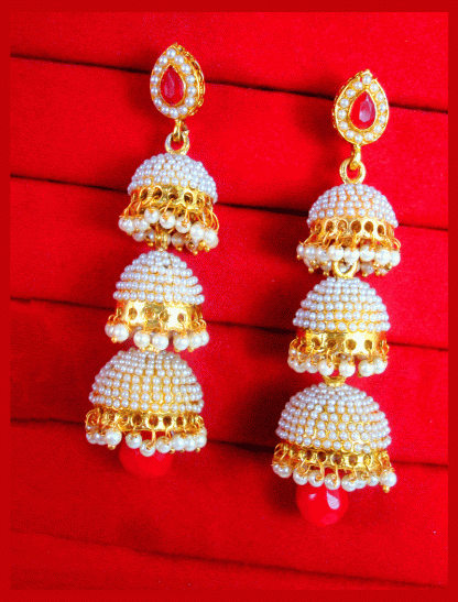 JM18 Traditional Gold Plated Pearls Red Drop Jhumki Earrings Set