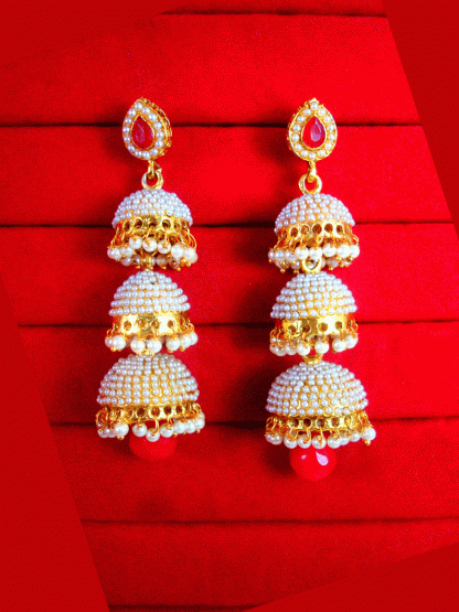 JM18 Traditional Gold Plated Pearls Red Drop Jhumki Earrings Set Valentine Gift