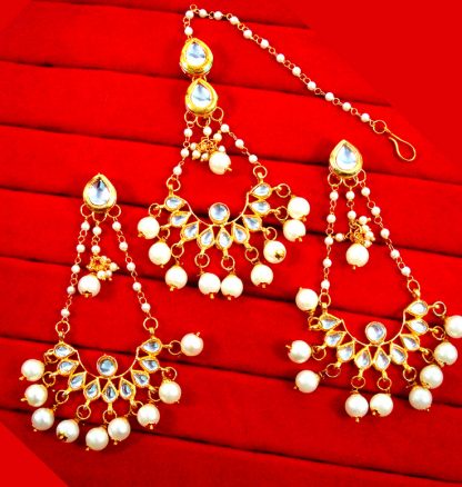 KC24 Classic Style Kundan White Pearls Earrings Maang Tikka Set