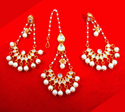 KC24 Classic Style Kundan White Pearls Earrings Maang Tikka Set -1