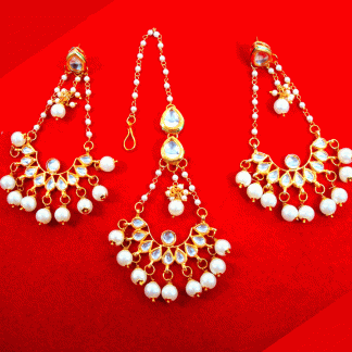 KC24 Classic Style Kundan White Pearls Earrings Maang Tikka Set -2
