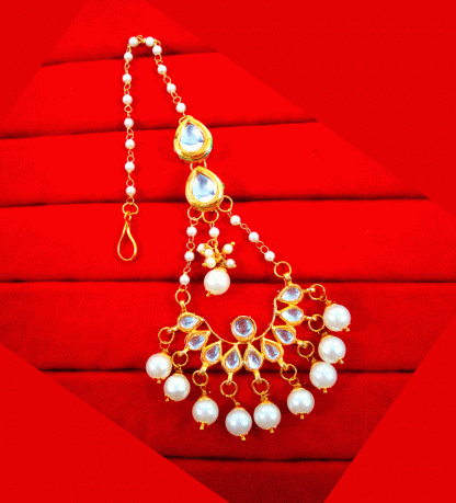 KC24 Classic Style Kundan White Pearls Maang Tikka Set