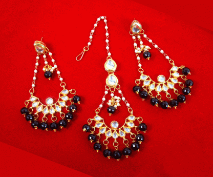 KC25 Traditional Style Kundan Black Onyx Earrings Maang Tikka Set-1