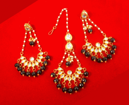 KC25 Traditional Style Kundan Black Onyx Earrings Maang Tikka Set