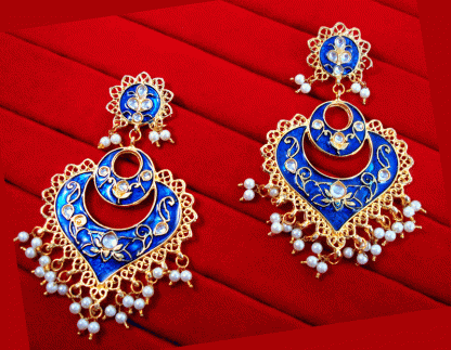 KE8456 Handmade Leaf Shaped Meena Pearls Carving Earring Set For Women Blue