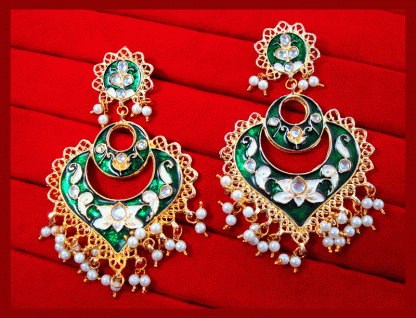 KE8456 Handmade Leaf Shaped Meena Pearls Carving Earring Set For Women Green