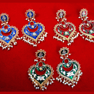 KE8456 Handmade Leaf Shaped Meena Pearls Carving Earring Set For Women Valentine Special
