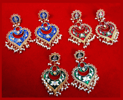 KE8456 Handmade Leaf Shaped Meena Pearls Carving Earring Set For Women Valentine Special