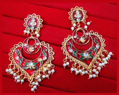 KE8456 Handmade Leaf Shaped Meena Pearls Carving Earring Set For Women maroon (2)