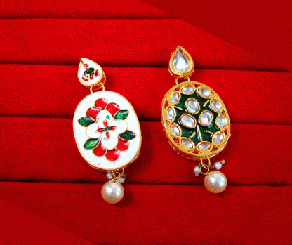 KE89 Daphne Oval Shaped Kundan Meena Carving Earring For Women Valentine Special-2
