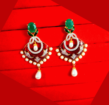 ZE78 Daphne Emerald Stone Cut Meena work Earrings with Pearl Droplet-1