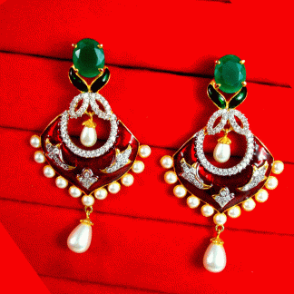 ZE78 Daphne Emerald Stone Cut Meena work Earrings with Pearl Droplet