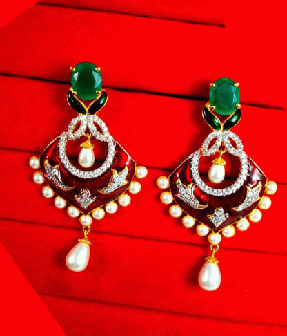 ZE78 Daphne Emerald Stone Cut Meena work Earrings with Pearl Droplet