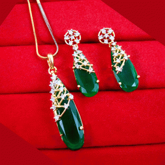 ZR22 Daphne Leaf Shaped Green Zircon Studded Pendant with Earring Valentine Special