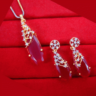 ZR24 Daphne Leaf Shaped Ruby Shade Zircon Pendant with Earring Valentine Special