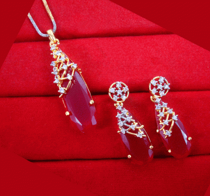 ZR24 Daphne Leaf Shaped Ruby Shade Zircon Pendant with Earring Valentine Special