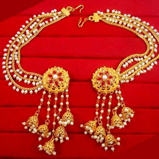 JM22 Gold Plated Devsena Bahubali Pearl Kundan Jhumka Earring With Ear Chain For Women