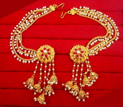 JM22 Gold Plated Devsena Bahubali Pearl Kundan Jhumka Earring With Ear Chain For Women
