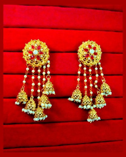 JM22 Gold Plated Devsena Bahubali Pearl Kundan Jhumka Earring With Ear Chain For Women Close up