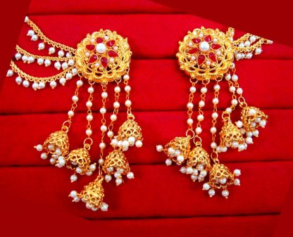 JM22 Gold Plated Devsena Bahubali Pearl Kundan Jhumka Earring With Ear Chain For Women front view