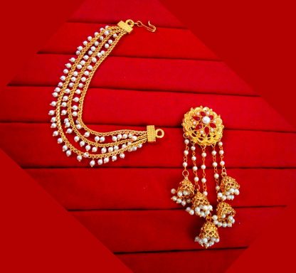 JM22 Gold Plated Devsena Bahubali Pearl Kundan Jhumka Earring With Ear Chain For Women open view