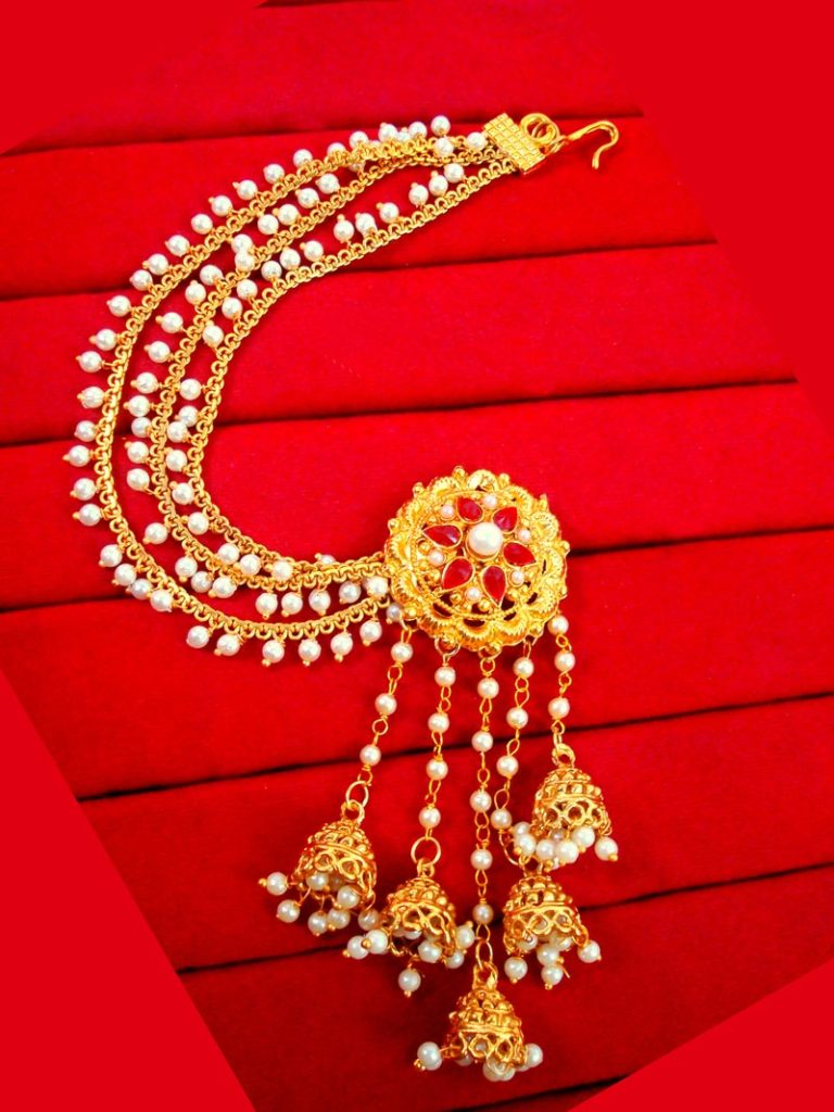 JM22 Gold Plated Devsena Bahubali Pearl Kundan Jhumka Earring With Ear Chain For Women single view