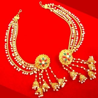 JM23 MultiColour Devsena Bahubali Pearl Kundan Jhumka Earring With Ear Chain Wedding Events