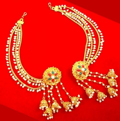 JM23 MultiColour Devsena Bahubali Pearl Kundan Jhumka Earring With Ear Chain Wedding Events