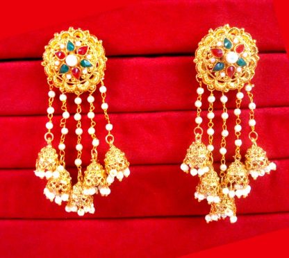 JM23 MultiColour Devsena Bahubali Pearl Kundan Jhumka Earring With Ear Chain Wedding Events close up