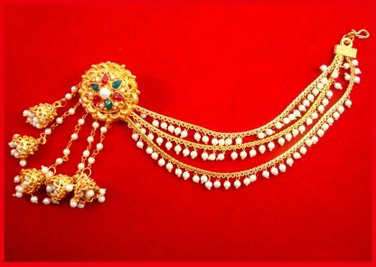 JM23 MultiColour Pearl Kundan Jhumka Earring With Ear Chain front view