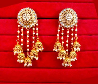 JM24 Gold Plated Devsena Bahubali Pearl Kundan Jhumka Earring For Wedding Events close up