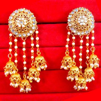 JM24 Gold Plated Devsena Bahubali Pearl Kundan Jhumka Earring For Wedding Events front view