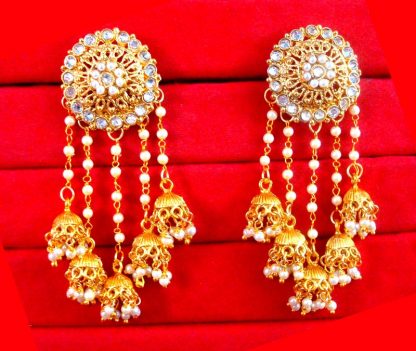 JM24 Gold Plated Devsena Bahubali Pearl Kundan Jhumka Earring For Wedding Events front view