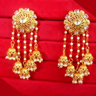 JM25 Indian Stylish Bahubali Pearl Kundan Jhumka Earring For Wedding Events close up