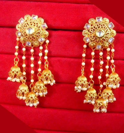 JM25 Indian Stylish Bahubali Pearl Kundan Jhumka Earring For Wedding Events close up
