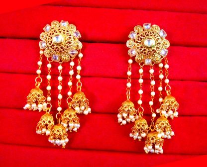JM25 Indian Stylish Bahubali Pearl Kundan Jhumka Earring For Wedding Events front view