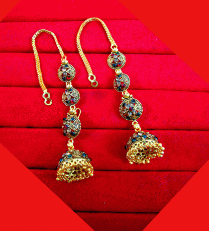 KE90 Daphne South Indian Three Step Long Jhumki Gold Plated Wedding Earrings -1