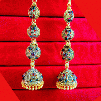 KE90 Daphne South Indian Three Step Long Jhumki Gold Plated Wedding Earrings close upKE90 Daphne South Indian Three Step Long Jhumki Gold Plated Wedding Earrings close up