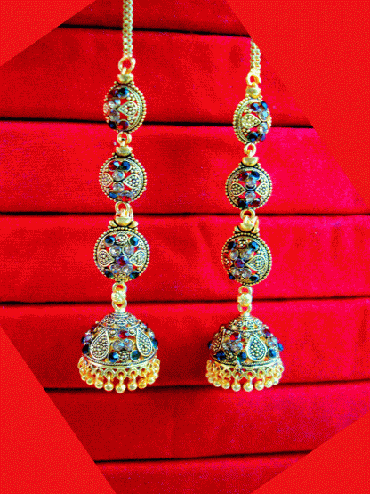 KE90 Daphne South Indian Three Step Long Jhumki Gold Plated Wedding Earrings close upKE90 Daphne South Indian Three Step Long Jhumki Gold Plated Wedding Earrings close up