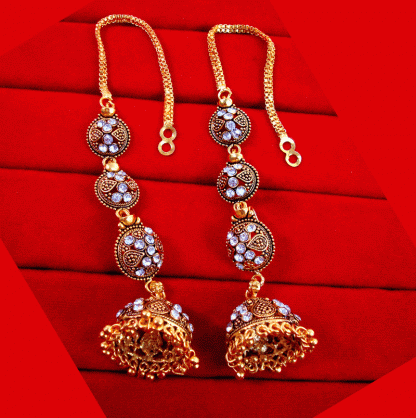 KE91 Daphne South Indian Three Step Long Jhumki Gold Plated Wedding Earrings Front View