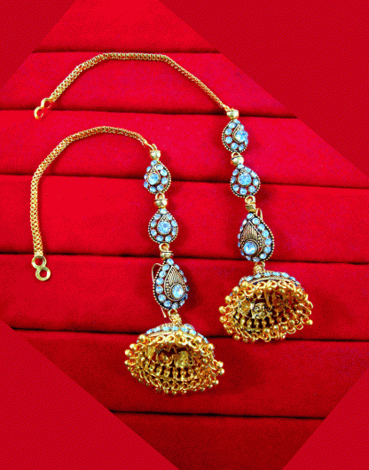 KE91 Daphne South Indian Three Step Long Jhumki Gold Plated Wedding Earrings Side view