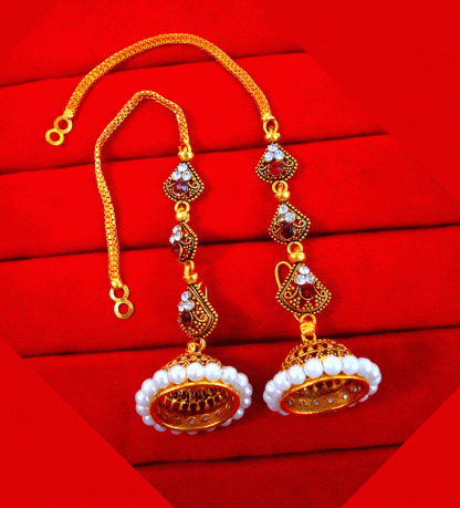 KE92 Daphne South Indian Three Step Pearls Jhumki Gold Plated Earrings - Back Hook - Close up