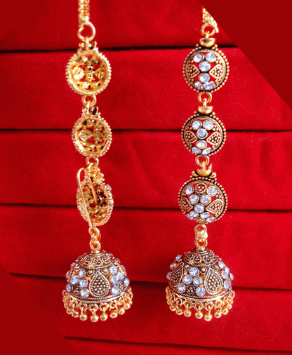 KE93 Daphne South Indian Three Step Long Jhumki Gold Plated Earrings close up