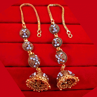 KE93 Daphne South Indian Three Step Long Jhumki Gold Plated Earrings front view