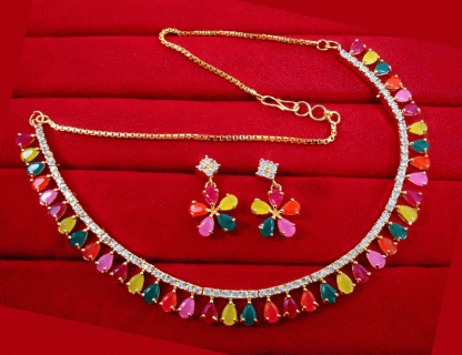 KN24 Elegant MultiColor Zircon Studded Necklace For Women Valentine Special
