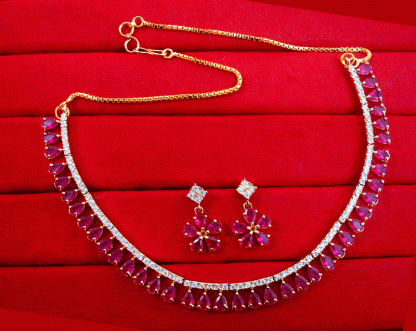 KN27 Stylish Zircon Pink Stone Studded Necklace For Women Valentine Special