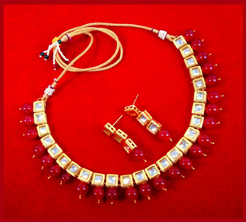 NK28 Traditional Royal Red Kundan Necklace Set with Earrings For Women Wedding Events-1