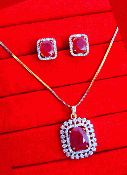 ZR33 Stylish Fine Zircon Ruby Shade Pendant With Earrings Gift For Wife