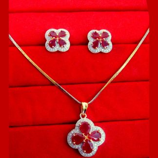 ZR43 Daphne Ruby Shade Flower Zircon Studded Pendant Earrings Wedding Special close up