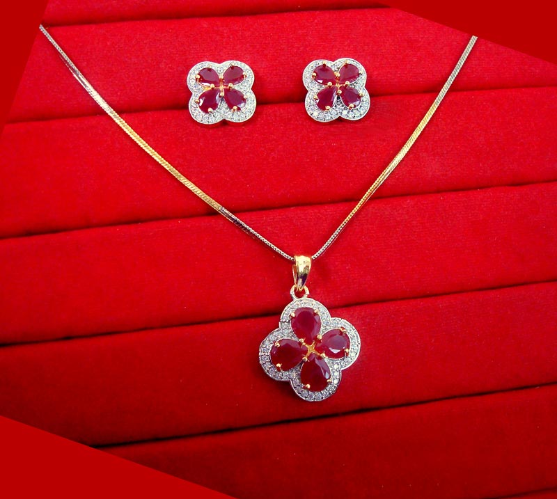 ZR43 Daphne Ruby Shade Flower Zircon Studded Pendant Earrings Wedding Special